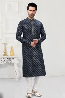 Picture of Stylish Navy Blue Colored Designer Kurta Payjama Set