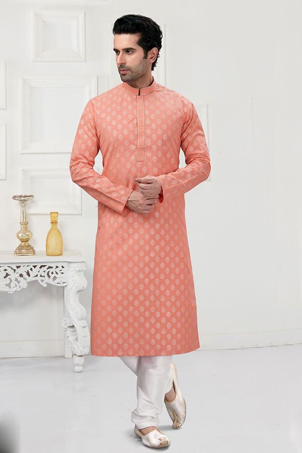 Picture of Classy Light Peach Colored Designer Kurta Payjama Set