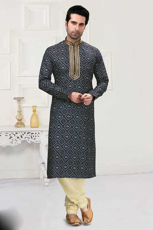 Picture of Impressive Navy Blue Colored Designer Kurta Payjama Set