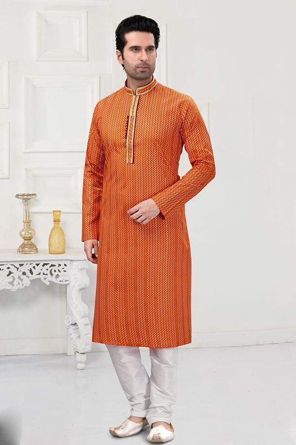 Picture of Elegant Orange and Multi-Colored Designer Kurta Payjama Set