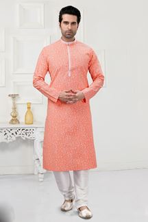 Picture of Fashionable Light Peach Colored Designer Kurta Payjama Set