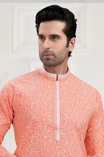 Picture of Fashionable Light Peach Colored Designer Kurta Payjama Set