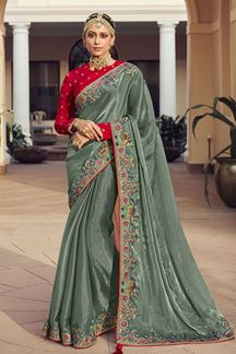 Picture of Trendy Green and Red Colored Designer Saree