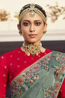 Picture of Trendy Green and Red Colored Designer Saree