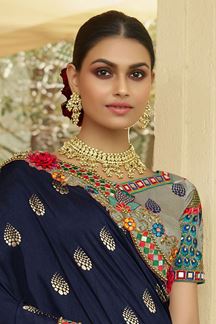 Picture of Glamorous Navy Blue and Grey Colored Designer Saree