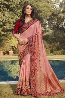 Picture of Aesthetic Baby Pink and Red Colored Designer Saree