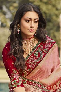 Picture of Aesthetic Baby Pink and Red Colored Designer Saree