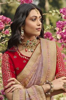 Picture of Beautiful Dusty Pink and Red Colored Designer Saree