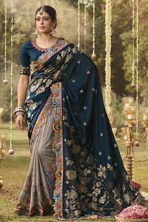 Picture of Astounding Peacock Blue and Stone Grey Colored Designer Saree