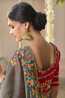 Picture of Glorious Olive Green and Red Colored Designer Saree