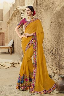 Picture of Surreal Yellow and Pink Colored Designer Saree