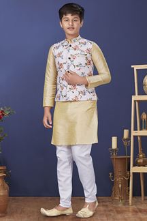 Picture of Aesthetic Cream Gold Colored Designer Kurta, Pajama with Jacket