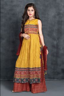 Picture of  Enticing Mustard and Red Colored Designer Kids Churidar Suits
