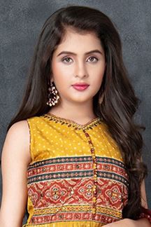 Picture of  Enticing Mustard and Red Colored Designer Kids Churidar Suits