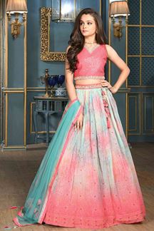 Picture of  Exquisite Baby Pink and Firozi Colored Designer Kids Lehenga Choli