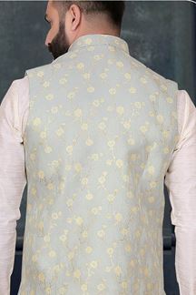 Picture of Stylish Cream Colored Designer Kurta Pajama with Jacket