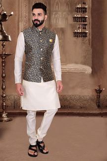 Picture of Attractive Cream Colored Designer Kurta Pajama with Jacket