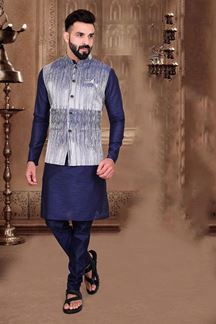 Picture of Dashing Navy Blue Colored Designer Kurta Pajama with Jacket