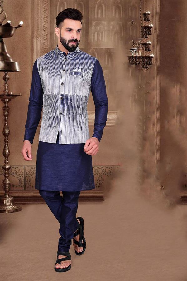 Picture of Dashing Navy Blue Colored Designer Kurta Pajama with Jacket
