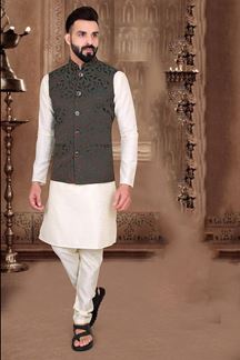 Picture of Fancy Cream Colored Designer Kurta Pajama with Jacket