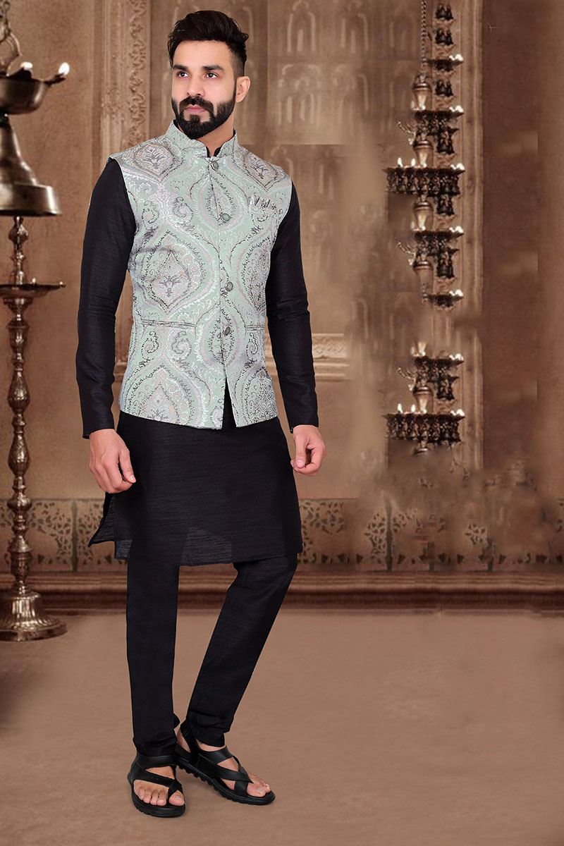 Men's Grey Floral Printed Jacket Kurta | Perfect for Wedding-cacanhphuclong.com.vn