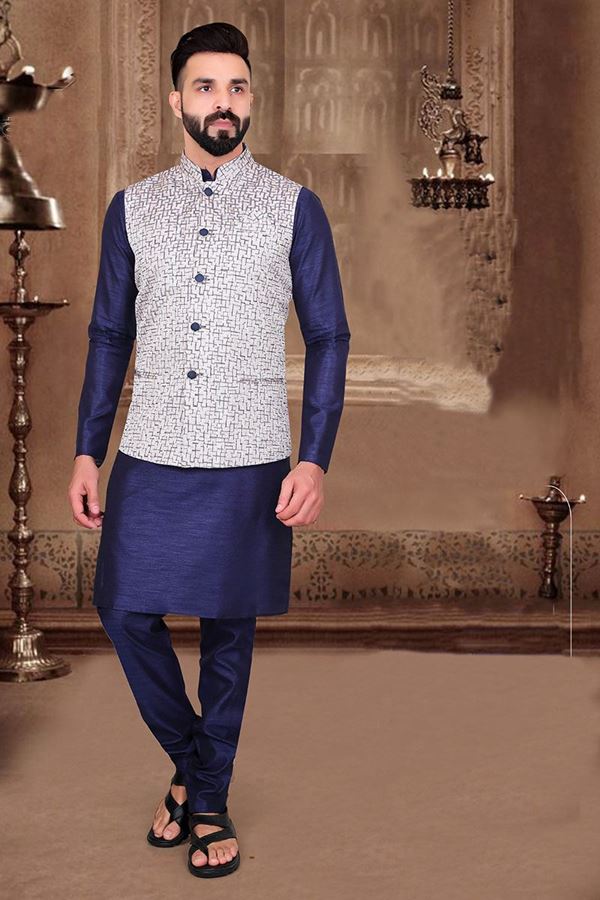 Picture of  Dashing Navy Blue Colored Designer Kurta Pajama with Jacket