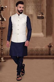 Picture of  Impressive Navy Blue Colored Designer Kurta Pajama with Jacket