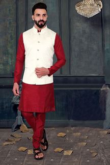 Picture of  Awesome Maroon Colored Designer Kurta Pajama with Jacket