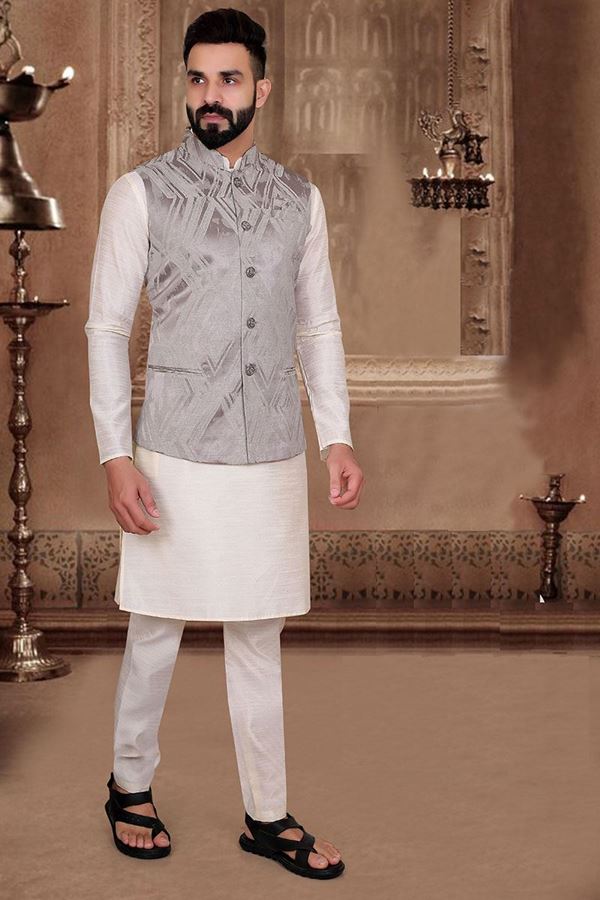 Picture of  Vibrant Cream Colored Designer Kurta Pajama with Jacket