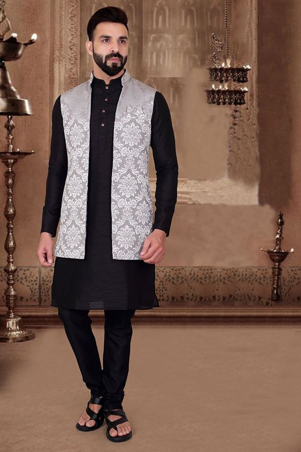 Picture of  Exquisite Black Colored Designer Kurta Pajama with Jacket