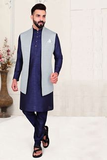 Picture of  Aesthetic Navy Blue Colored Designer Kurta Pajama with Jacket