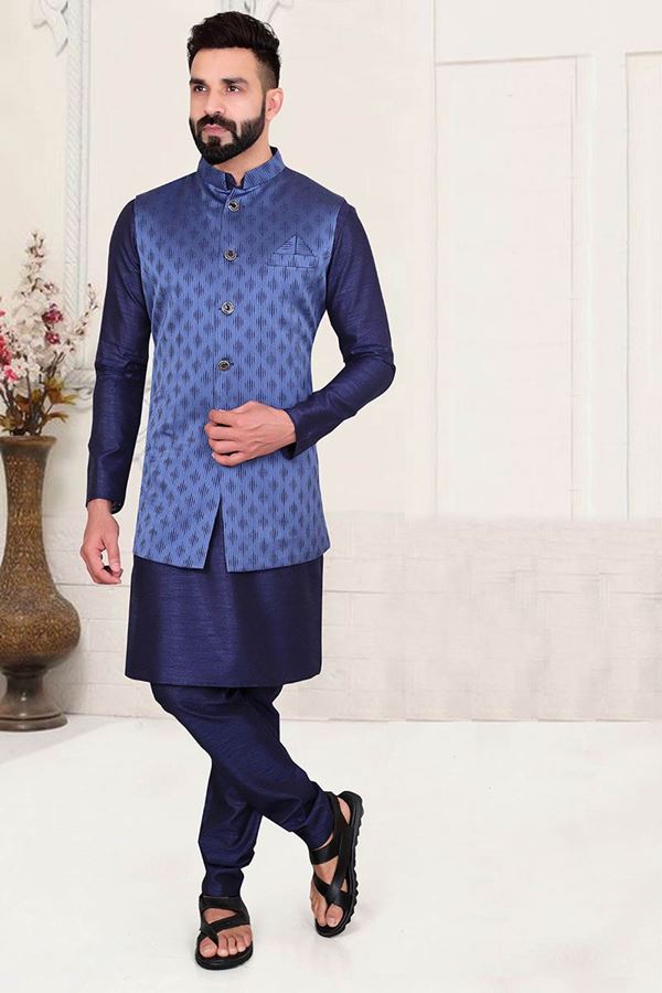 Picture of  Artistic Navy Blue Colored Designer Kurta Pajama with Jacket