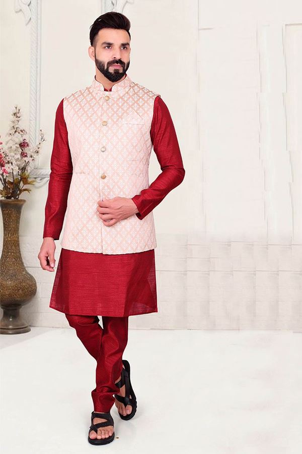 Picture of  Delightful Maroon Colored Designer Kurta Pajama with Jacket