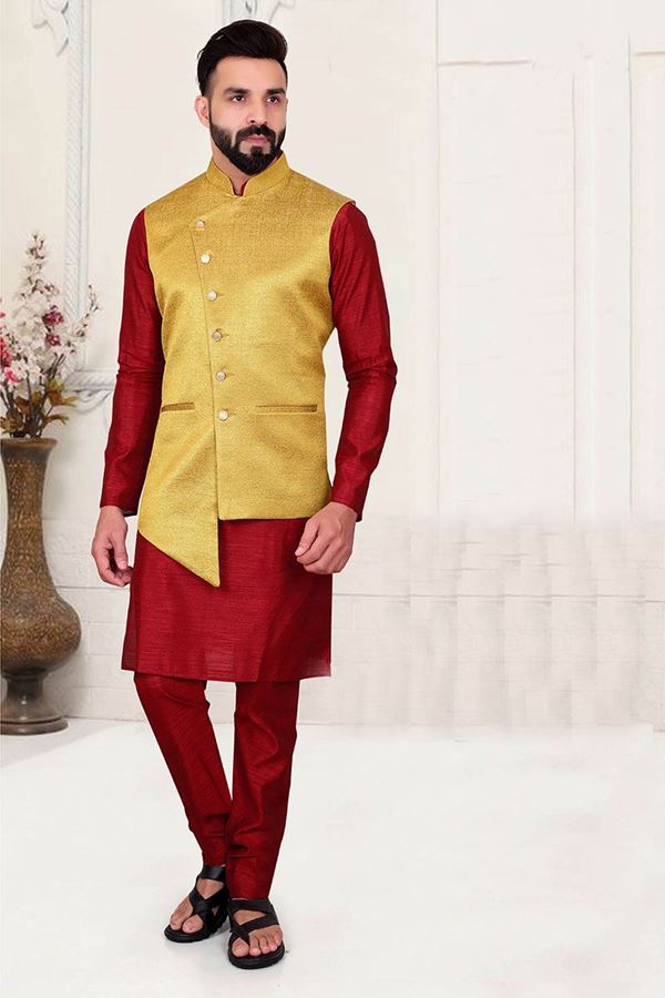 Picture of  Impressive Maroon Colored Designer Kurta Pajama with Jacket