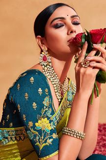 Picture of Delightful Parrot Green and Blue Colored Designer Saree
