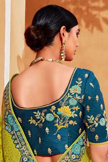 Picture of Delightful Parrot Green and Blue Colored Designer Saree
