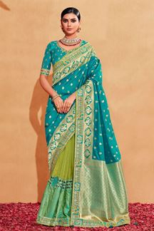 Picture of  Stunning Rama and Parrot Green Colored Designer Saree