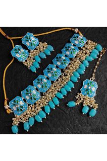 Picture of Marvelous Sky Blue Colored Designer Meenakari Choker Set