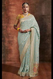 Picture of Exuberant Sky Blue and Yellow Colored Designer Saree