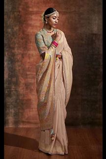 Picture of Charming Peach and Sky Blue Colored Designer Saree