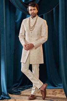Picture of Stylish Off-White Colored Men's Designer Indo Western Sherwani