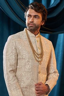 Picture of Stylish Off-White Colored Men's Designer Indo Western Sherwani