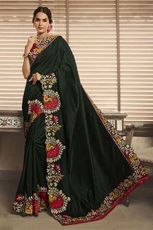 Picture of Beautiful Dark Green and Red Colored Designer Saree