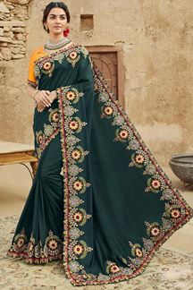 Picture of Glamorous Dark Green and Yellow Colored Designer Saree