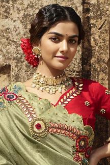 Picture of MarvelousGreen and Red Colored Designer Saree