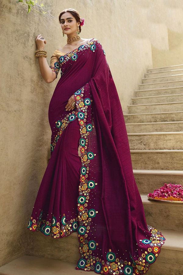 Picture of AppealingWine and Golden Colored Designer Saree