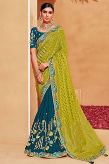 Picture of Delightful Parrot Green and Blue Colored Designer Saree