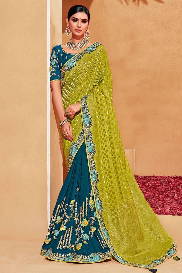Picture of Delightful Parrot Green and Blue Colored Designer Saree