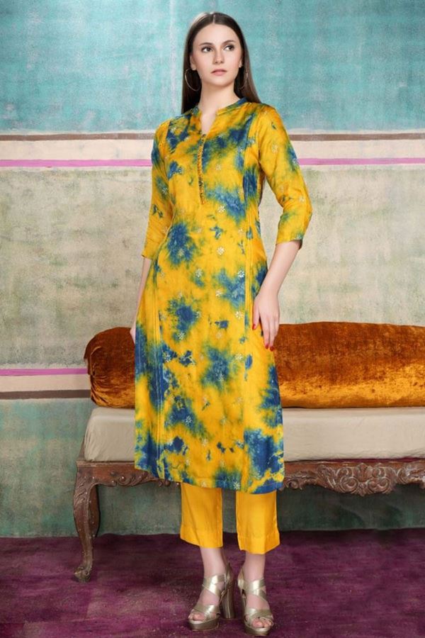 Picture of Dazzling Yellow with Blue patch Colored Designer Kurti 