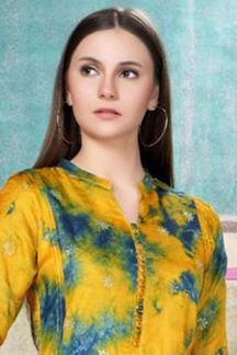 Picture of Dazzling Yellow with Blue patch Colored Designer Kurti 